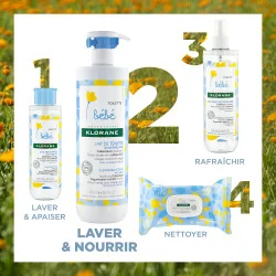Klorane - Lait de toilette sans rinçage au Calendula apaisant - Bébé - Peau normale à sèche 500 ml
